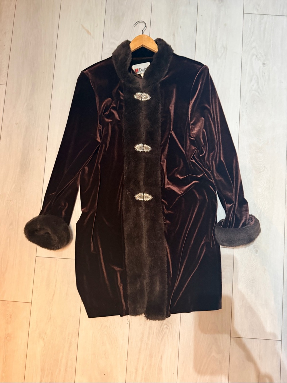 Dolce Dark Brown Velvet Trench with Faux Fur Trim VINTAGE